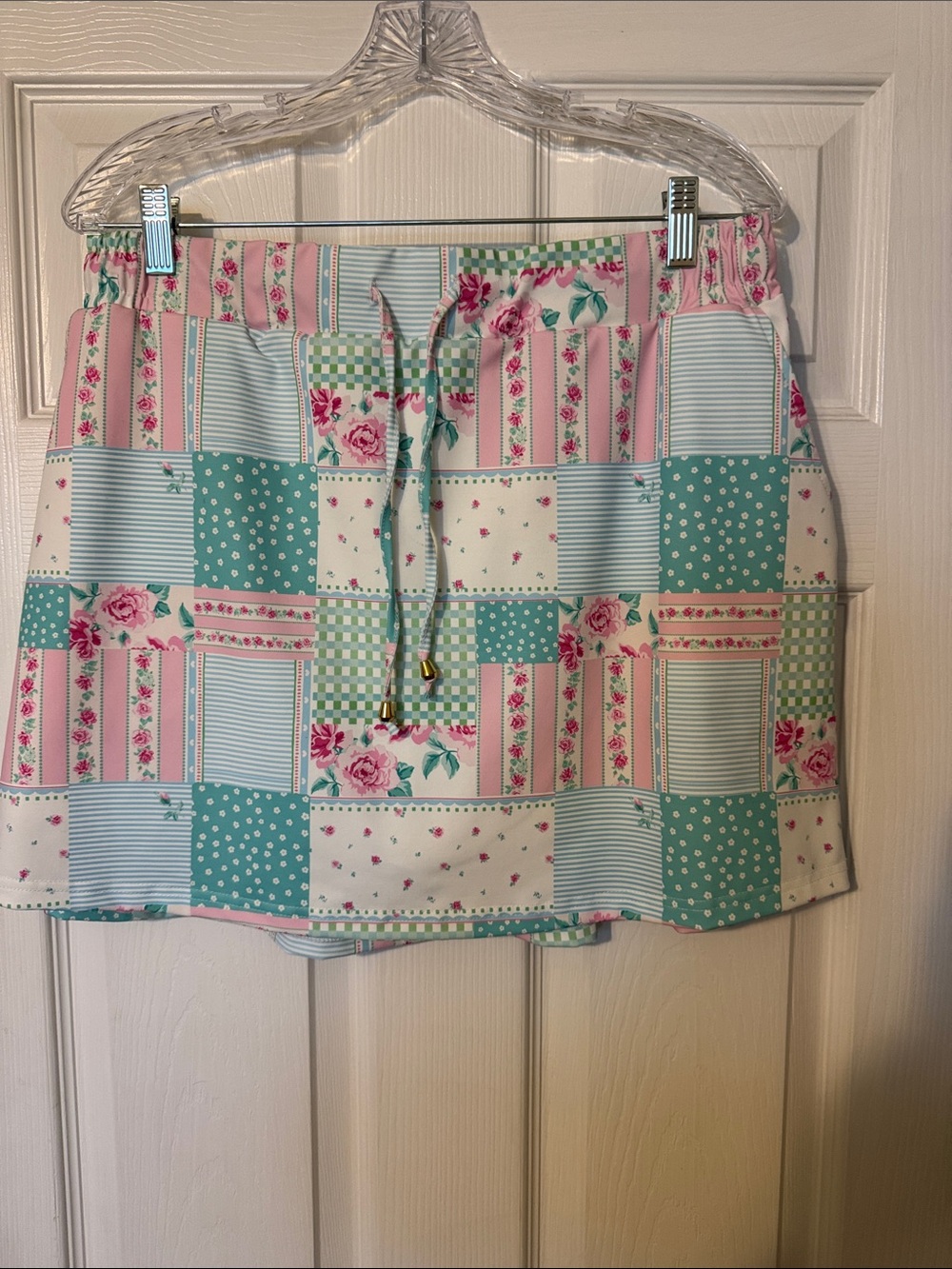 Patchwork Floral Drawstring Skort — Pink & Mint
